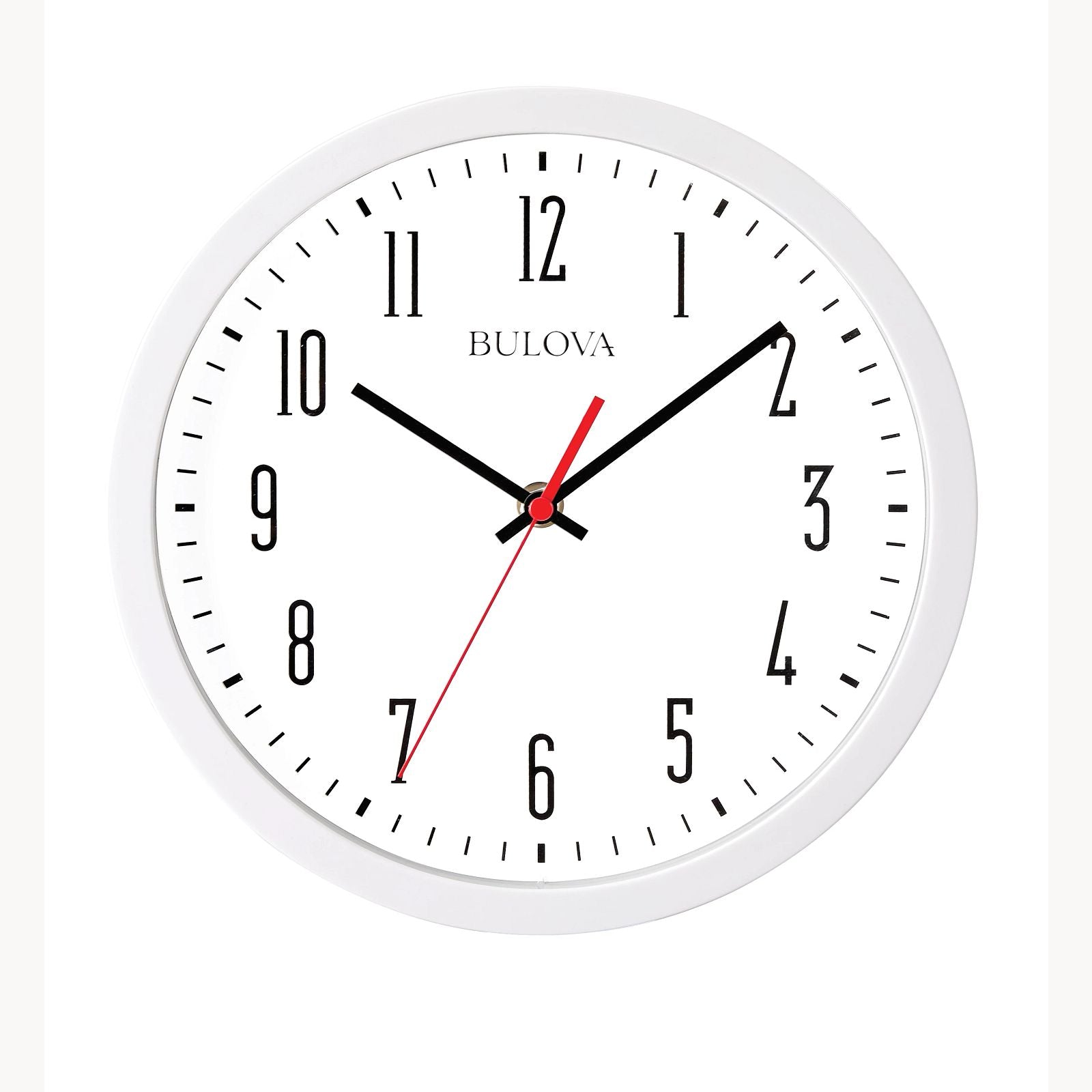 The Bulova Clock - Cubicle - C4831 features a round white frame and face, black Arabic numerals, silent sweep hands at 10:08:34, and the Bulova logo above the center—ideal for your workspace.