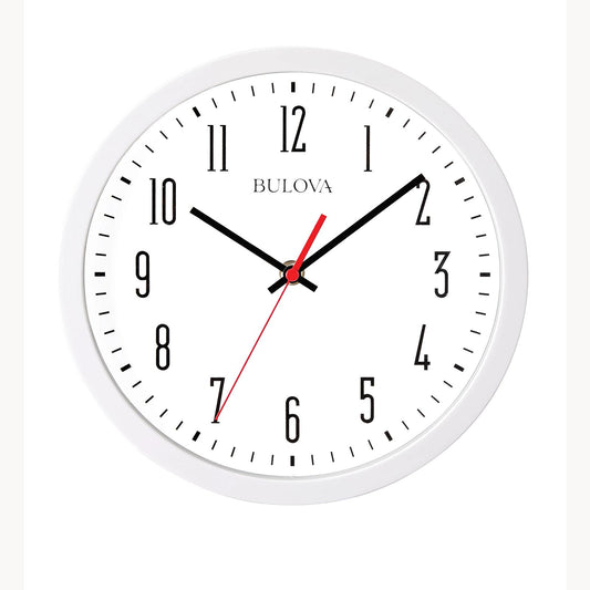 The Bulova Clock - Cubicle - C4831 features a round white frame and face, black Arabic numerals, silent sweep hands at 10:08:34, and the Bulova logo above the center—ideal for your workspace.
