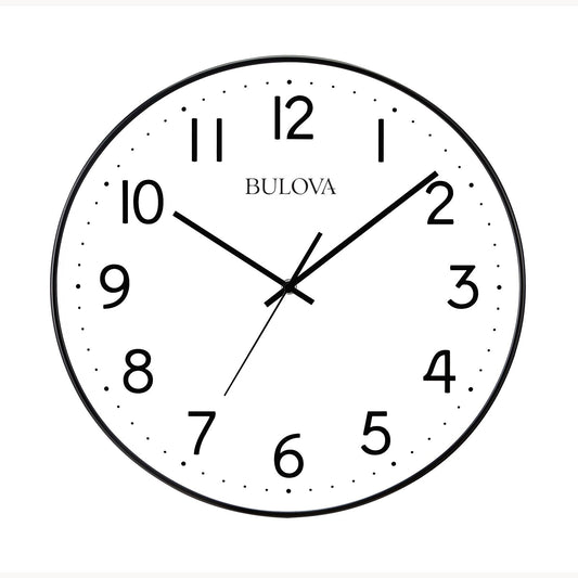 The Bulova Clock - Office Mate - C4832 features a round white face with black numbers and hands, shows 10:09:35, offers a modern design and silent sweep seconds—perfect for any workspace.
