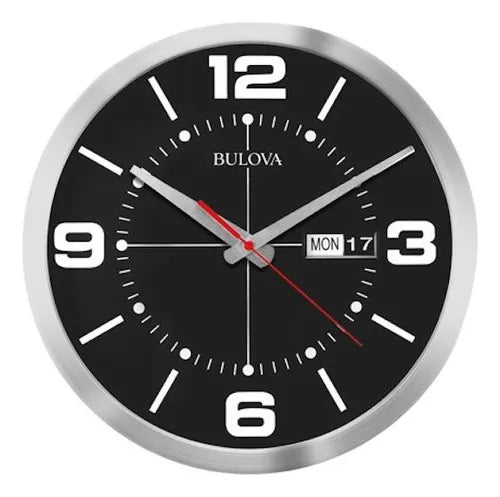 The Bulova Clock - Calendar Time - C4848 by Bulova showcases a black face, silver frame, white numerals, three hands, and a MON 17 day-date display at 3 o’clock. The time shown is about 10:08:22.