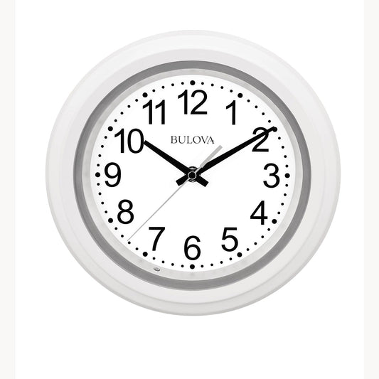 The Bulova Clock - Night Vision - C4865 is a white clock with black numbers and hands showing 10:10:36. Featuring silent sweep movement, its ideal for any room and displays the Bulova brand at the center.