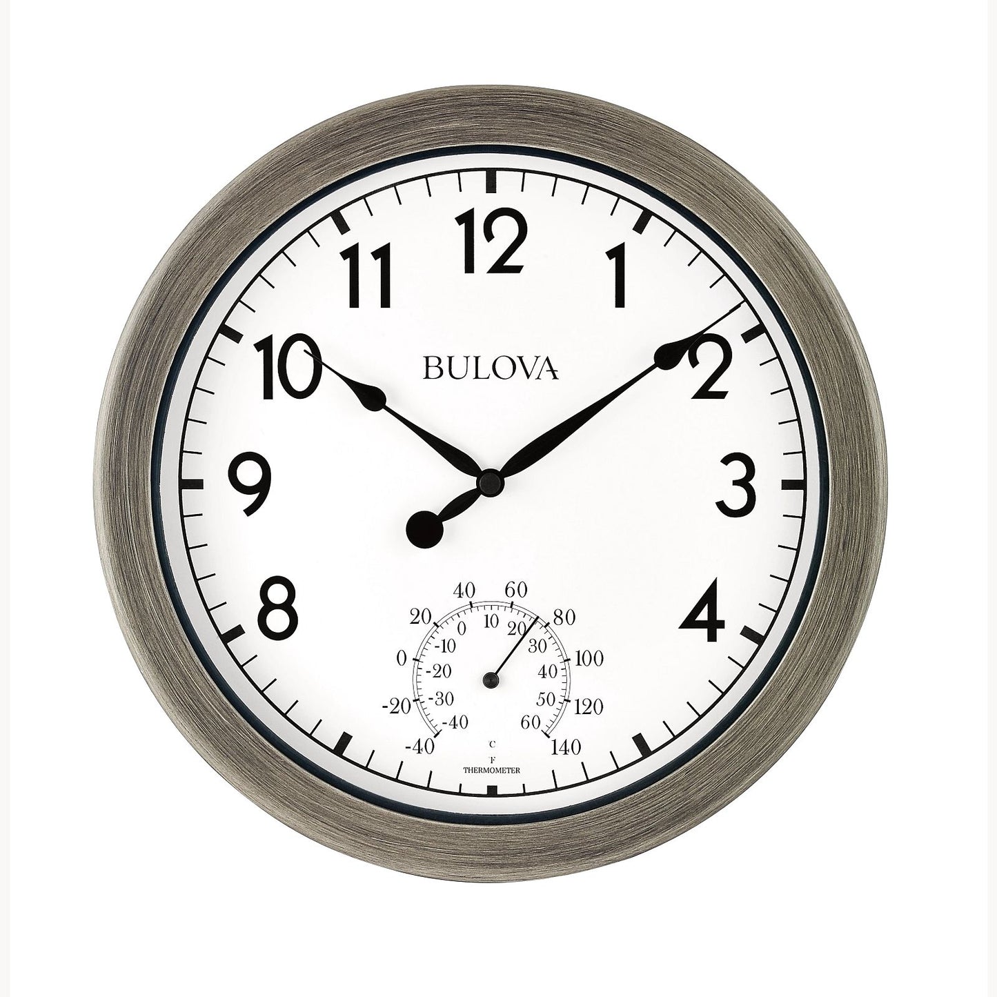 The Bulova Clock - Patio Time (C4879) is a round, weather-resistant outdoor clock with a brushed metal frame, black numbers, hands showing 10:08, and built-in thermometer and hygrometer at the bottom.