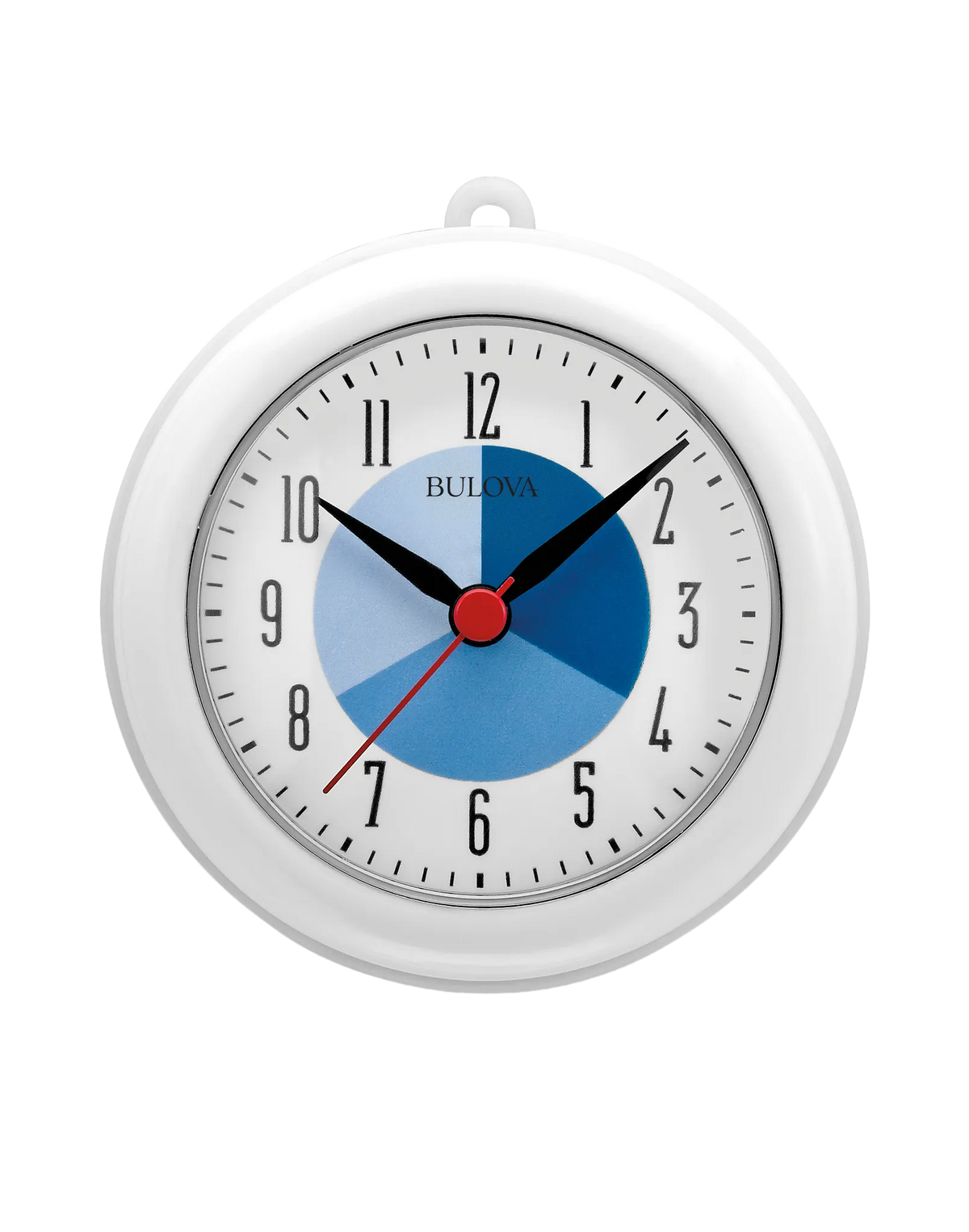 Bulova Clock - Handy Timer - C4883, a round wall clock with a white frame, black numerals, and a blue pie-chart graphic on the clock face.