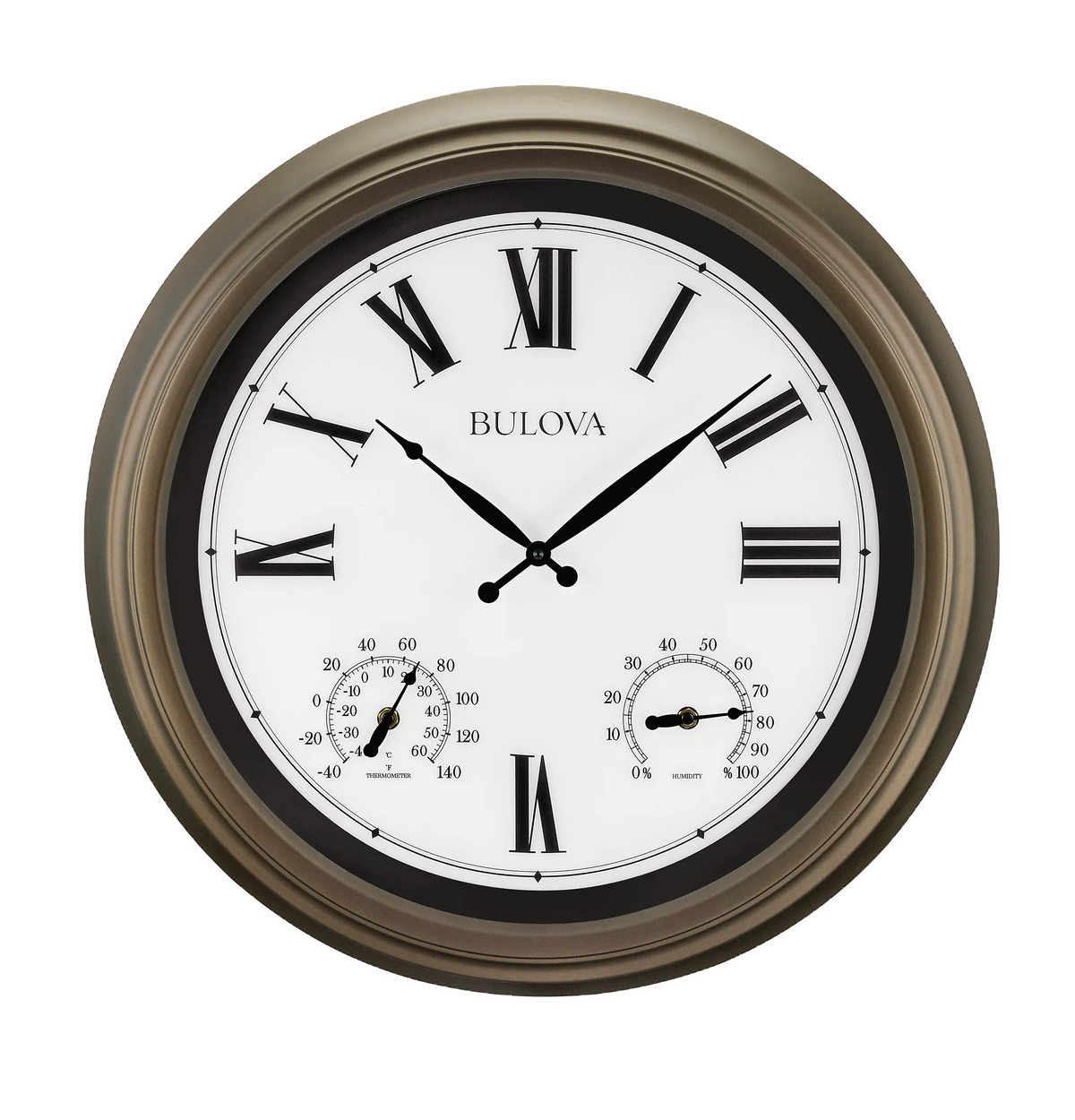 Bulova Clock - Vineyard - C4886, a round gallery clock with a white face, black Roman numerals, and two smaller dials at the bottom displaying temperature and humidity.