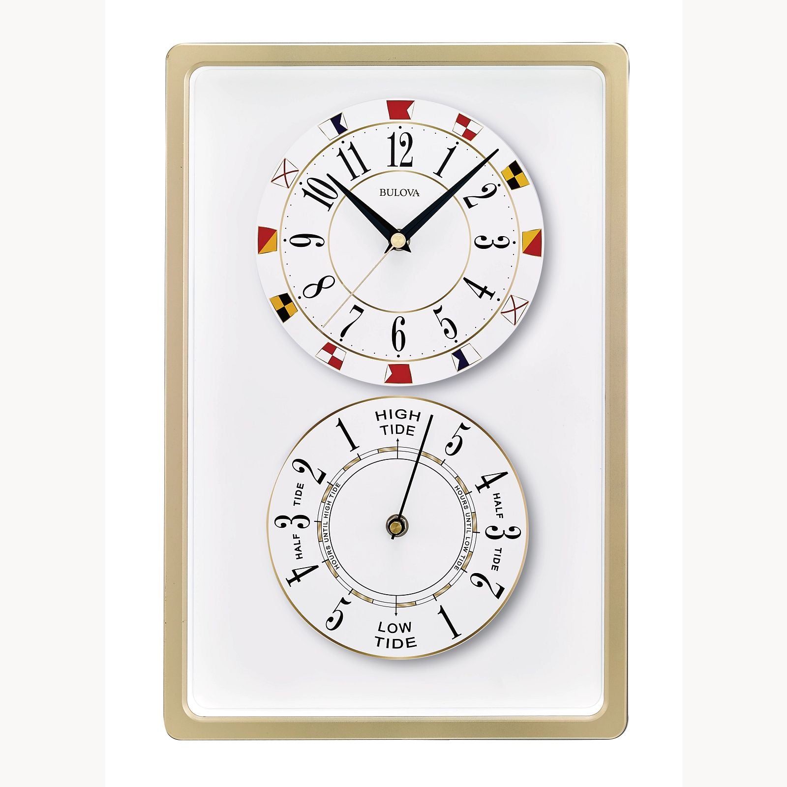 The Bulova Clock Regatta-tide time (C4890) is a rectangular nautical clock with a gold frame, featuring an upper time dial with nautical flags and black hands, and a lower tide clock showing high and low tides.