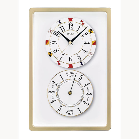The Bulova Clock Regatta-tide time (C4890) is a rectangular nautical clock with a gold frame, featuring an upper time dial with nautical flags and black hands, and a lower tide clock showing high and low tides.