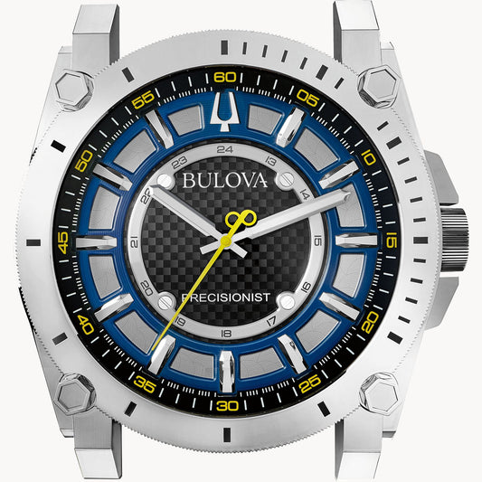 A close-up of the Bulova Clock - Precisionist - C9888 showcases a silver, black, blue, and yellow design with bold hour markers, a textured black dial, intricate details on a large metallic case, and Bulova’s silent sweep movement.
