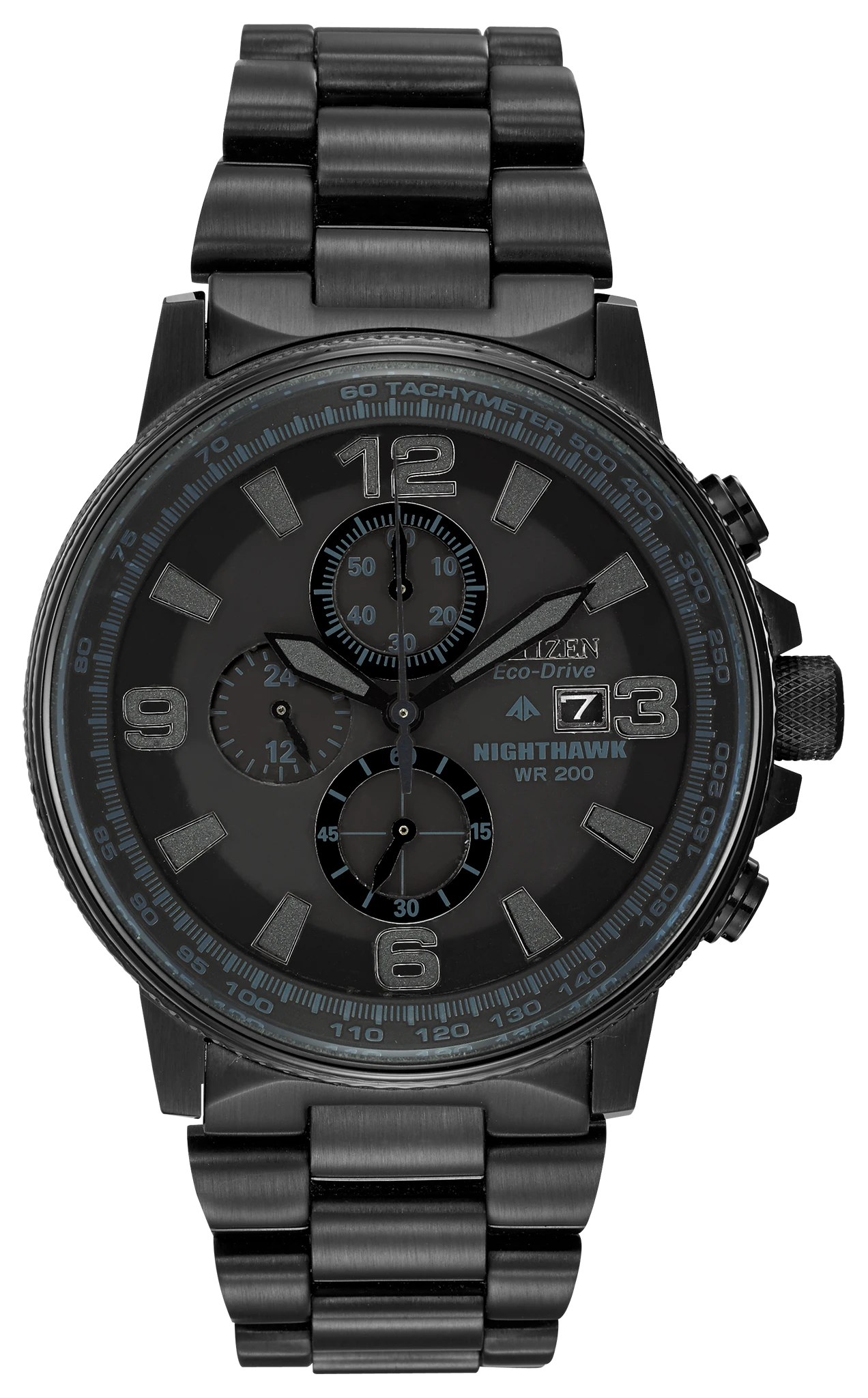 The Citizen Nighthawk (CA0295-58E) by Citizen features a black ion-plated stainless steel case, chronograph, bold numeral markers, and three subdials on a sleek dark face.