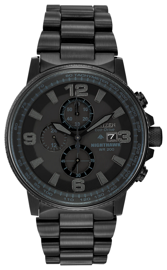 The Citizen Nighthawk (CA0295-58E) by Citizen features a black ion-plated stainless steel case, chronograph, bold numeral markers, and three subdials on a sleek dark face.