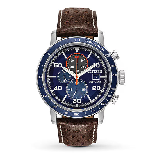 The Citizen Brycen CA0648-09L watch by Citizen features a blue dial, stainless steel case, date display, three subdials, tachymeter bezel, and a brown perforated leather strap for both style and function.