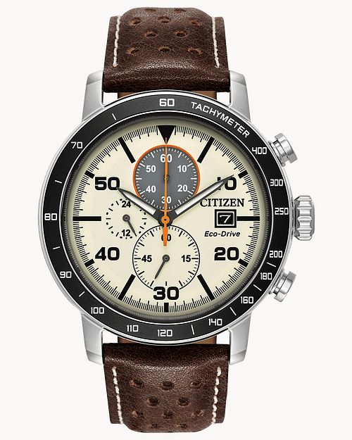 The Citizen Brycen CA0649-06X watch features a cream dial with three subdials, date display, black tachymeter bezel, brown perforated leather strap, and orange-accented hands.
