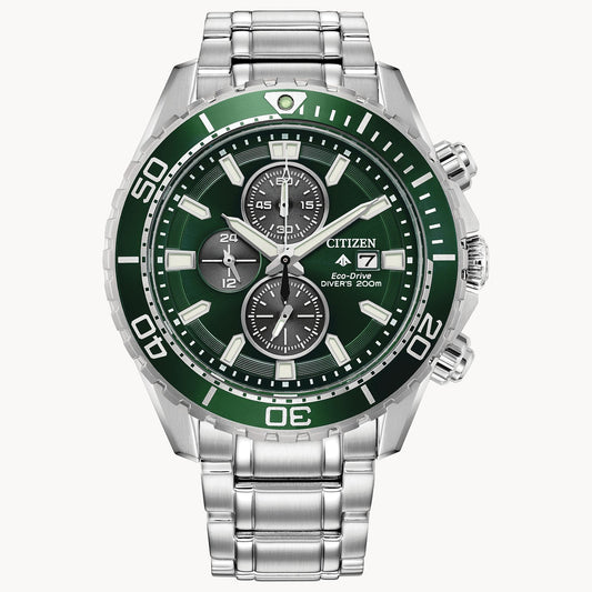 The Citizen Promaster Dive CA0820-50X is a silver men's Eco-Drive watch with a green bezel, three subdials, date window, and stainless steel bracelet. Water-resistant up to 200 meters.