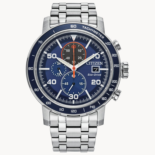 The Citizen Brycen (CA0850-59L) solar chronograph features a blue dial, silver stainless steel band, three subdials, date display, tachymeter bezel, and white hands with orange-accented subdials for added style.