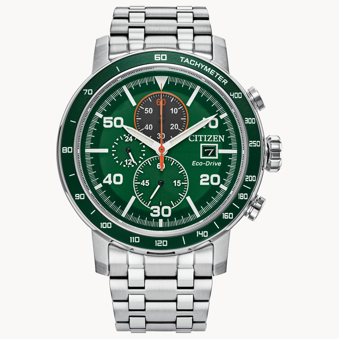 The Citizen Watch - Brycen Green (CA0851-56X) by Citizen features a green dial with white markers, three subdials, date window, a silver metal bracelet, stainless steel case, and a tachymeter bezel for extra functionality.