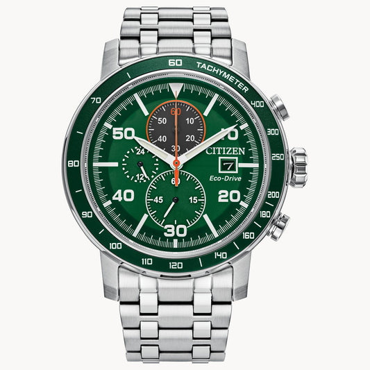The Citizen Watch - Brycen Green (CA0851-56X) by Citizen features a green dial with white markers, three subdials, date window, a silver metal bracelet, stainless steel case, and a tachymeter bezel for extra functionality.