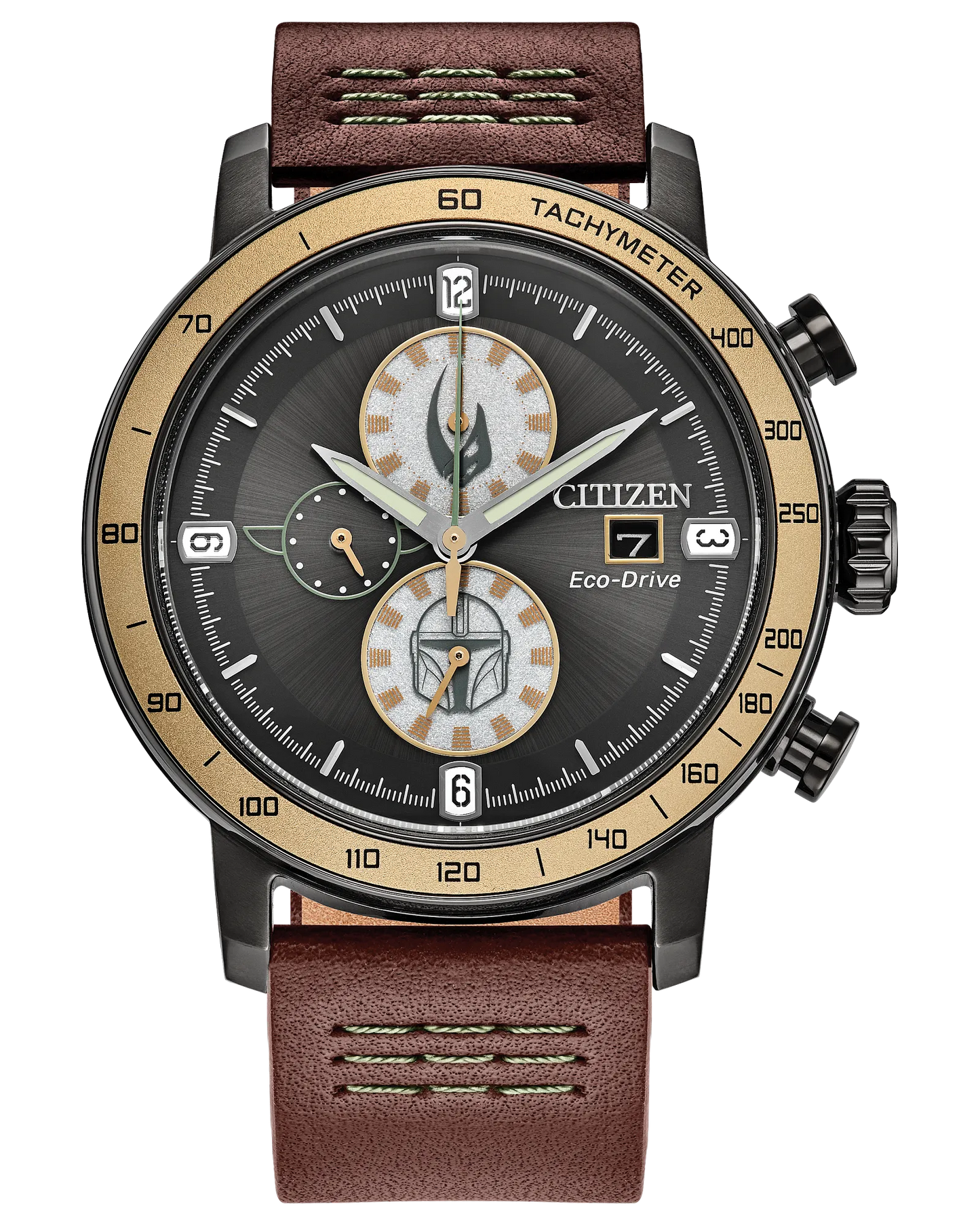 Citizen Watch - Mandalorian - CA0857-09W by Citizen features a brown leather band, gold and black bezel, black dial with three subdials, date window at 3 o'clock, and tachymeter markings for precise timekeeping.