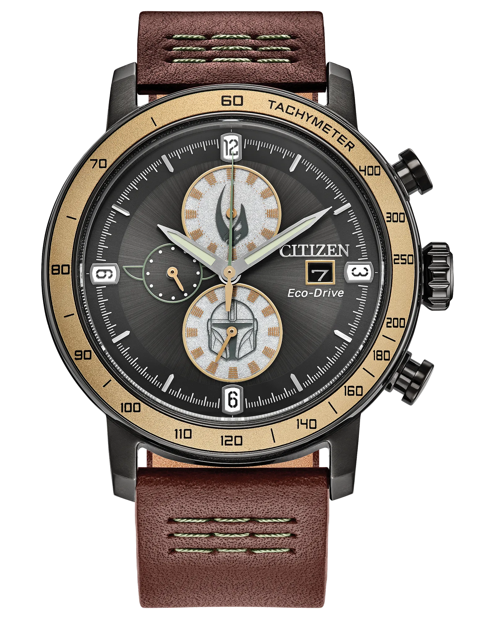 Citizen Watch - Mandalorian - CA0857-09W by Citizen features a brown leather band, gold and black bezel, black dial with three subdials, date window at 3 o'clock, and tachymeter markings for precise timekeeping.
