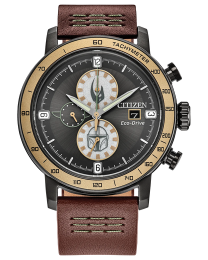 Citizen Watch - Mandalorian - CA0857-09W by Citizen features a brown leather band, gold and black bezel, black dial with three subdials, date window at 3 o'clock, and tachymeter markings for precise timekeeping.