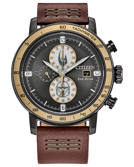 Citizen Watch - Mandalorian - CA0857-09W by Citizen features a brown leather band, gold and black bezel, black dial with three subdials, date window at 3 o'clock, and tachymeter markings for precise timekeeping.