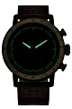 The Citizen Watch - Mandalorian (CA0857-09W) by Citizen features a dark dial with luminous hour and minute hands, paired with a dark leather strap, displayed against a plain background.