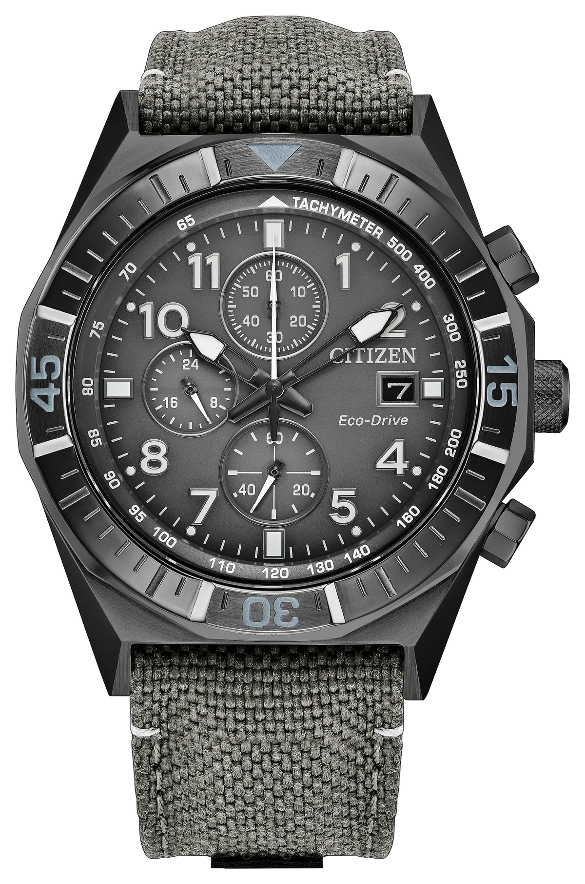 Introducing the Citizen Watch - Nighthawk Chrono (CA0897-04H) by Citizen, this men's sports watch showcases a bold black dial with gray numerals, three subdials, a date display, and a black bezel. The bezel features tachymeter markings and is accented in blue at the 12, 3, 6, and 9 o'clock positions. A textured gray fabric strap completes its dynamic look.