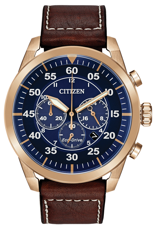 The Citizen Watch - Avion - CA4213-18L features Eco-Drive technology, a gold-tone case, blue dial with white numerals and subdials, gold-colored hands, and a brown leather strap with white stitching.