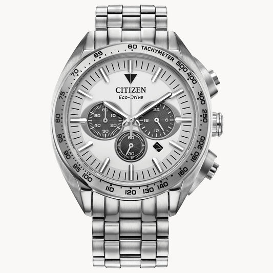 The Citizen Carson (CA4540-54A) men’s sport luxury watch features a silver stainless steel chronograph bracelet, white dial, three subdials, date window, and tachymeter bezel.