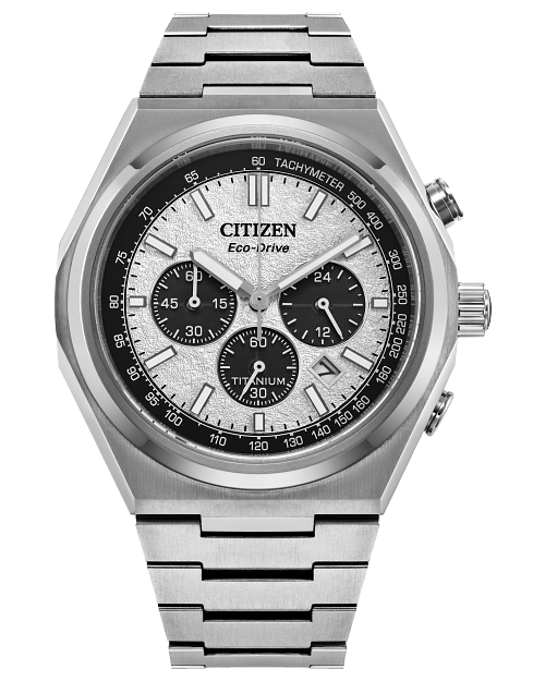 The Citizen Zenshin Chrono Super Titanium (CA4610-85A) by Citizen features Eco-Drive tech, a Super Titanium case, silver dial with three black subdials, a stainless steel bracelet, tachymeter bezel, and two side pushers.