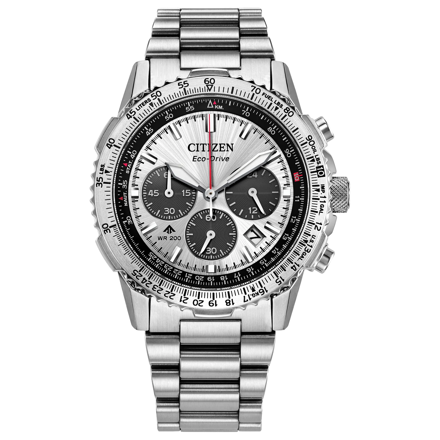 The Citizen Promaster Navihawk (CA4660-61A) is a stainless steel Eco-Drive chronograph watch with three subdials, a date display at 4 o’clock, black and red accents, and a metal link bracelet on a transparent background.