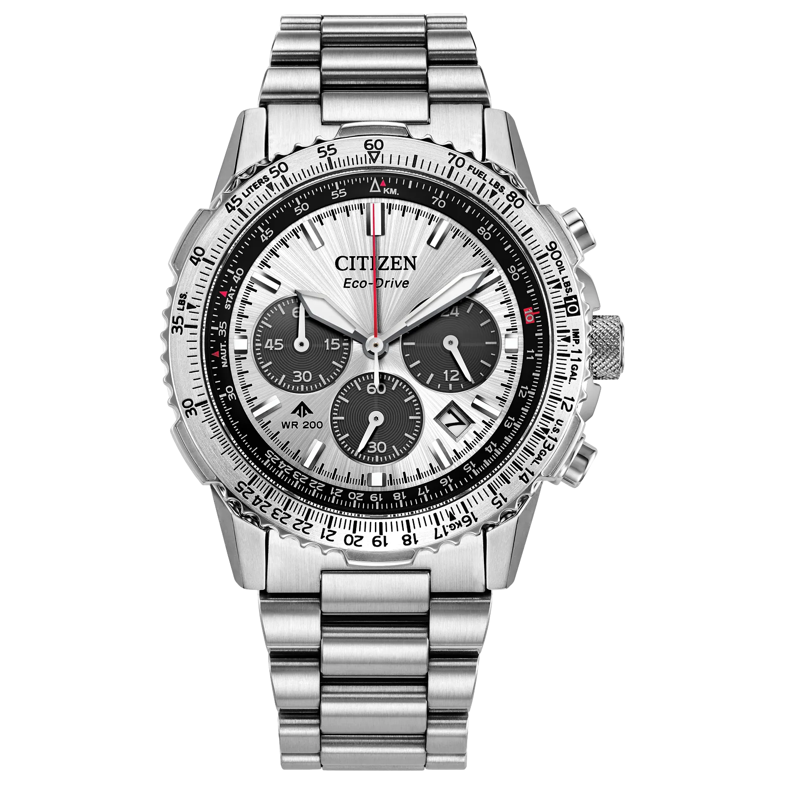 The Citizen Promaster Navihawk (CA4660-61A) is a stainless steel Eco-Drive chronograph watch with three subdials, a date display at 4 o’clock, black and red accents, and a metal link bracelet on a transparent background.