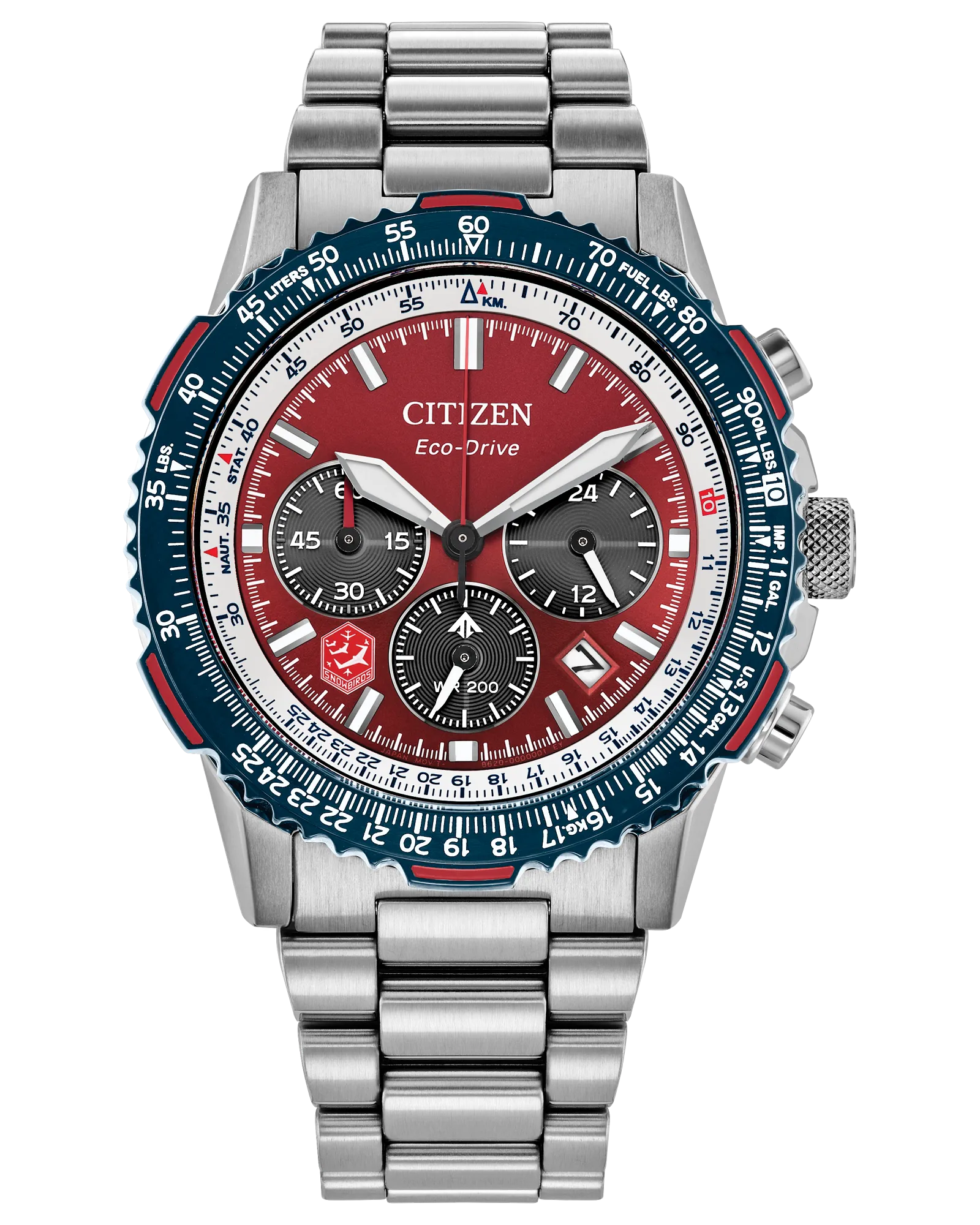 The Citizen Snowbirds Promaster Navihawk (CA4668-51X) is a stainless steel chronograph with a red dial, blue bezel, silver hour markers, date window, multiple subdials, and metal bracelet, inspired by the Royal Canadian Air Force.