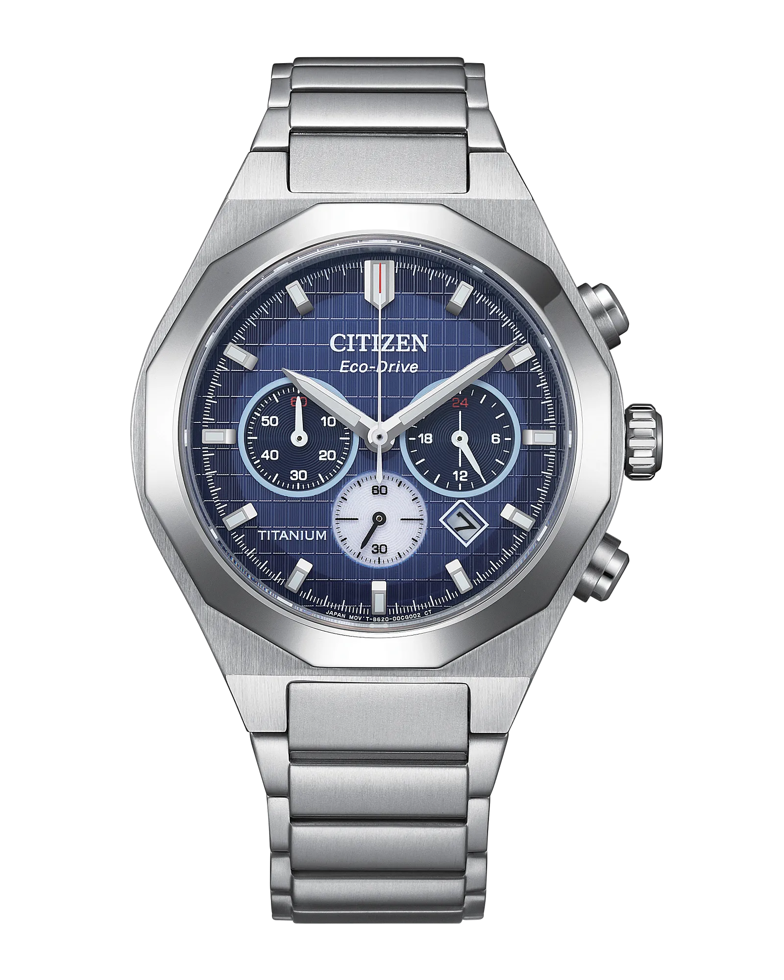 The Citizen Watch - Zenshin Senkei Super Titanium (CA4691-59L) features a silver Super Titanium case, blue textured dial with three subdials, date window, stainless steel bracelet, angular bezel, and two side pushers.
