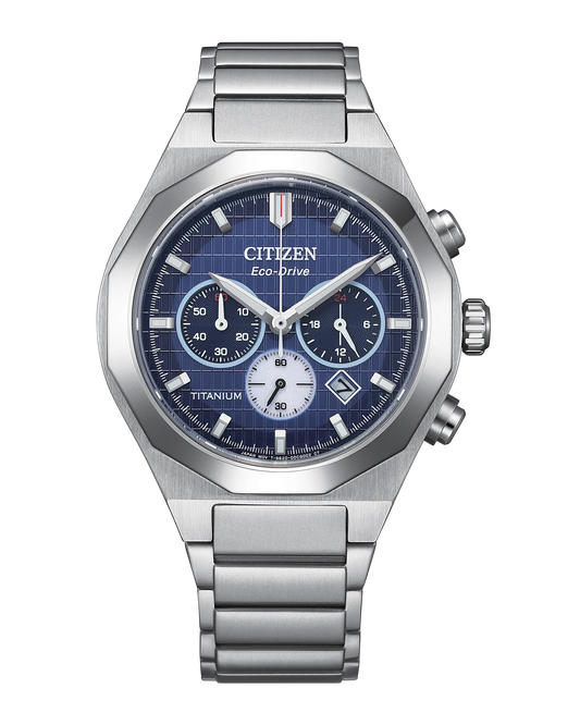 The Citizen Watch - Zenshin Senkei Super Titanium (CA4691-59L) features a silver Super Titanium case, blue textured dial with three subdials, date window, stainless steel bracelet, angular bezel, and two side pushers.