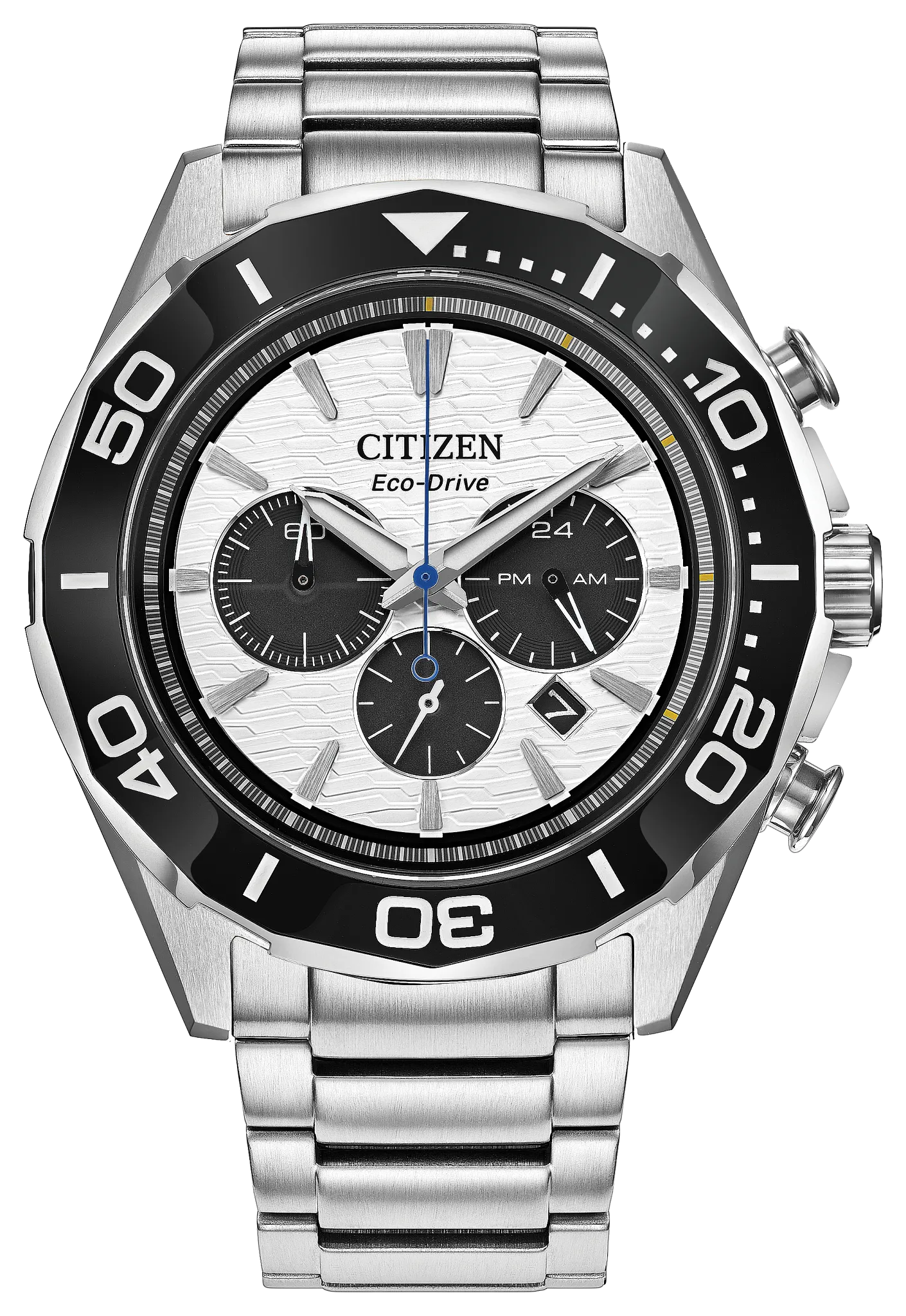 The Citizen Watch Endeavor Chrono (CA4730-59A) by Citizen features a stainless steel case and band, a black bezel, and a textured white dial inspired by classic nautical watch design. It includes luminous hands and markers, three subdials, a date window, and an Eco-Drive movement.