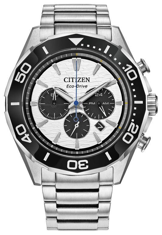 The Citizen Watch Endeavor Chrono (CA4730-59A) by Citizen features a stainless steel case and band, a black bezel, and a textured white dial inspired by classic nautical watch design. It includes luminous hands and markers, three subdials, a date window, and an Eco-Drive movement.