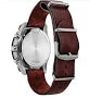 A close-up of the Citizen Terra Force CA4747-05L’s silver case, side buttons, and brown leather strap with metal buckle by Citizen.