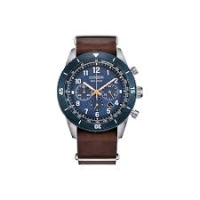 The Citizen Watch - Terra Force - CA4747-05L by Citizen features a brown leather strap, blue dial, silver case, white hour markers, three subdials, and chronograph functions.