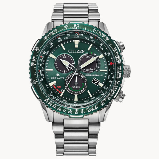 The Citizen Promaster Air CB5004-59W is a men's stainless steel chronograph watch with a green dial, atomic timekeeping, multiple subdials, radio control, and white and red accents on a metal link band.