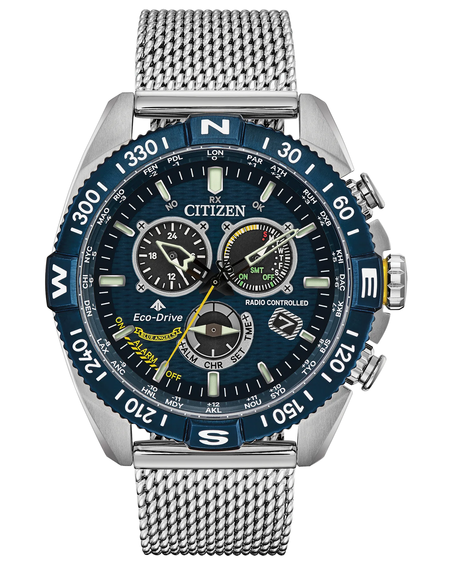 The Citizen Promaster Navihawk A-T (CB5848-57L) features a silver mesh band, blue bezel with compass markings, and a multi-dial chronograph face—capturing the true essence of a Blue Angels-inspired timepiece.