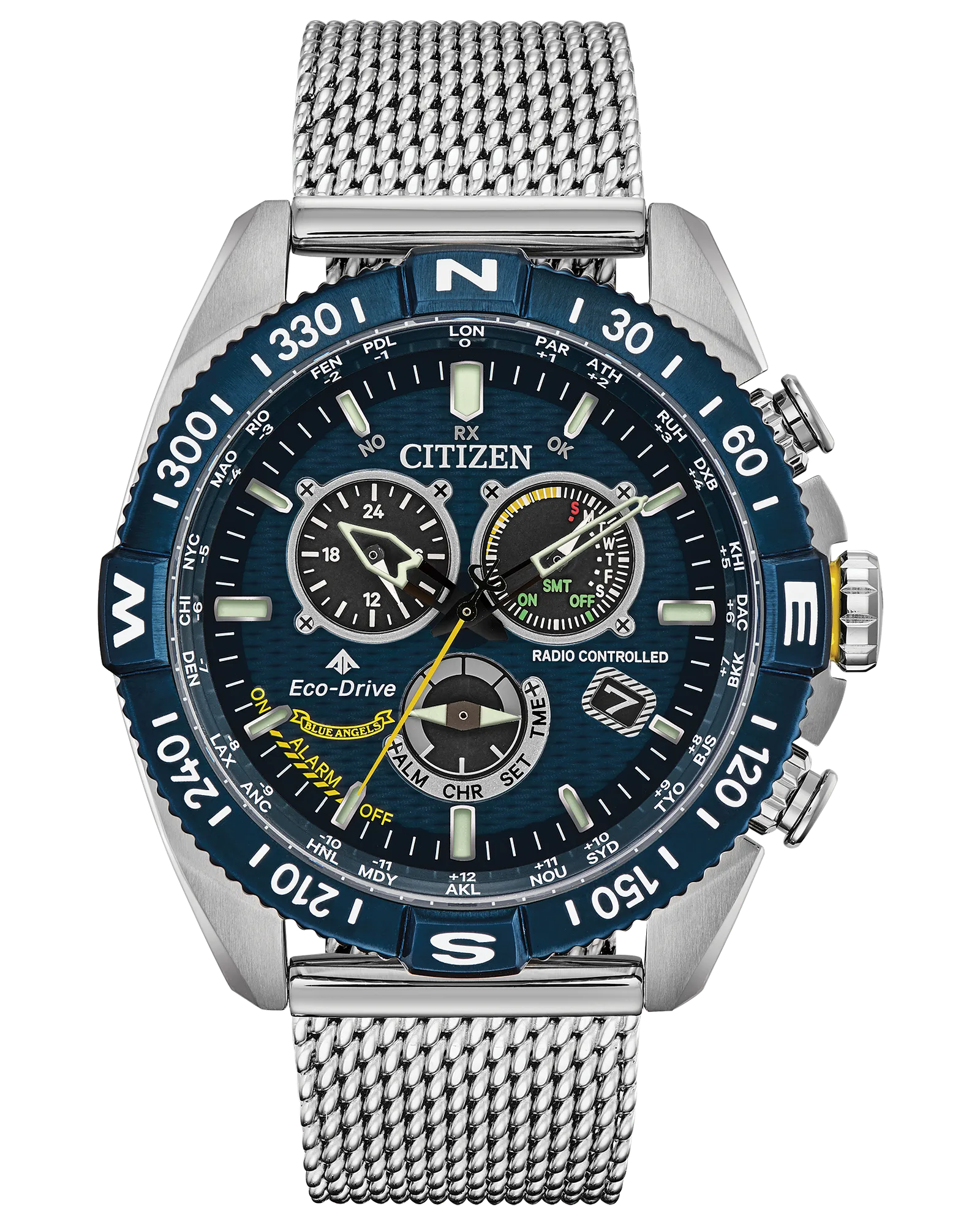 The Citizen Promaster Navihawk A-T (CB5848-57L) features a silver mesh band, blue bezel with compass markings, and a multi-dial chronograph face—capturing the true essence of a Blue Angels-inspired timepiece.