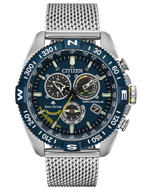 The Citizen Promaster Navihawk A-T (CB5848-57L) features a silver mesh band, blue bezel with compass markings, and a multi-dial chronograph face—capturing the true essence of a Blue Angels-inspired timepiece.