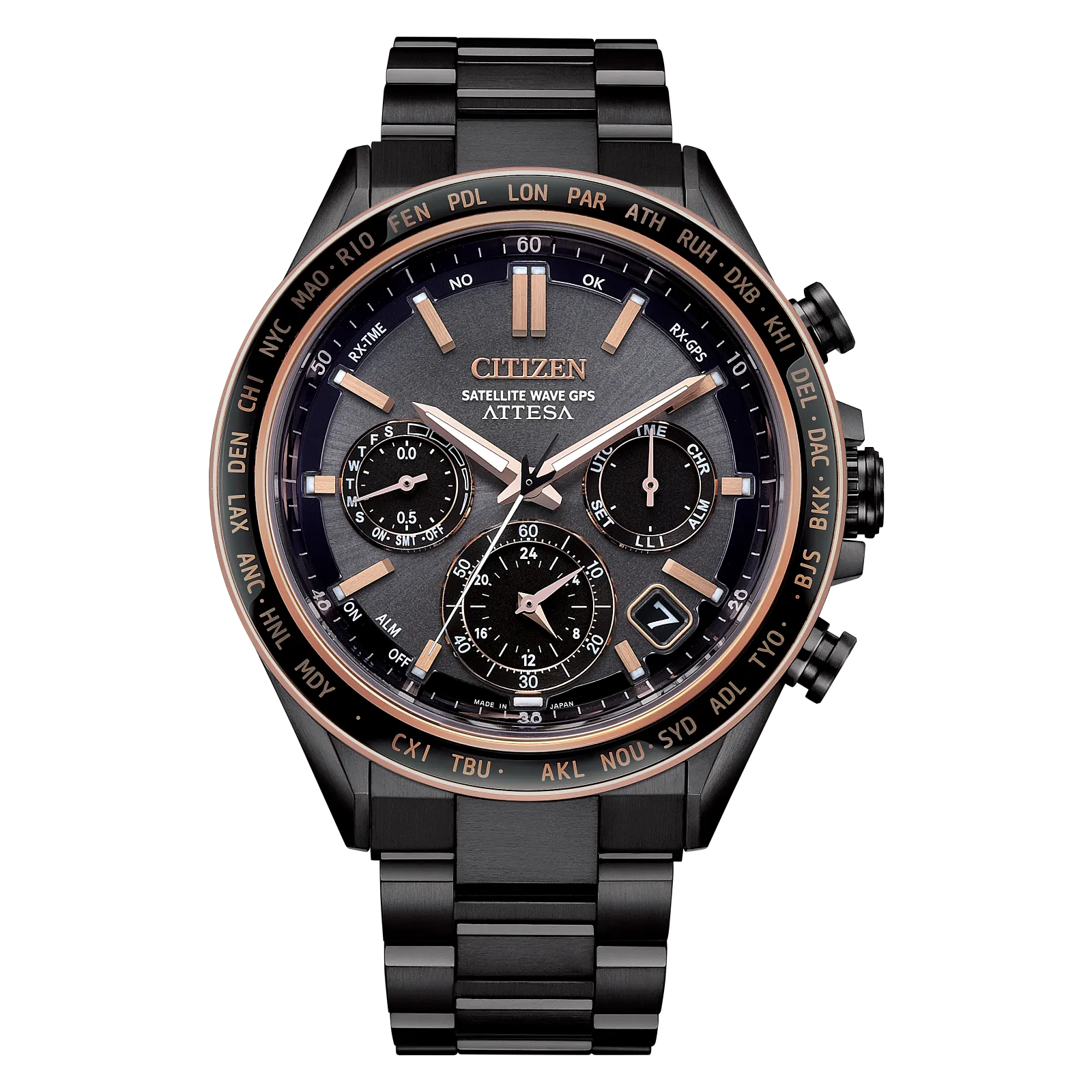 Citizen ATTESA CC4074-61W by Citizen: A Super Titanium chronograph watch with a brown dial, rose gold accents, multiple subdials, date display, GPS function, and a bezel with city abbreviations for world time zones.