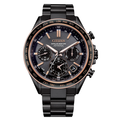 Citizen ATTESA CC4074-61W by Citizen: A Super Titanium chronograph watch with a brown dial, rose gold accents, multiple subdials, date display, GPS function, and a bezel with city abbreviations for world time zones.