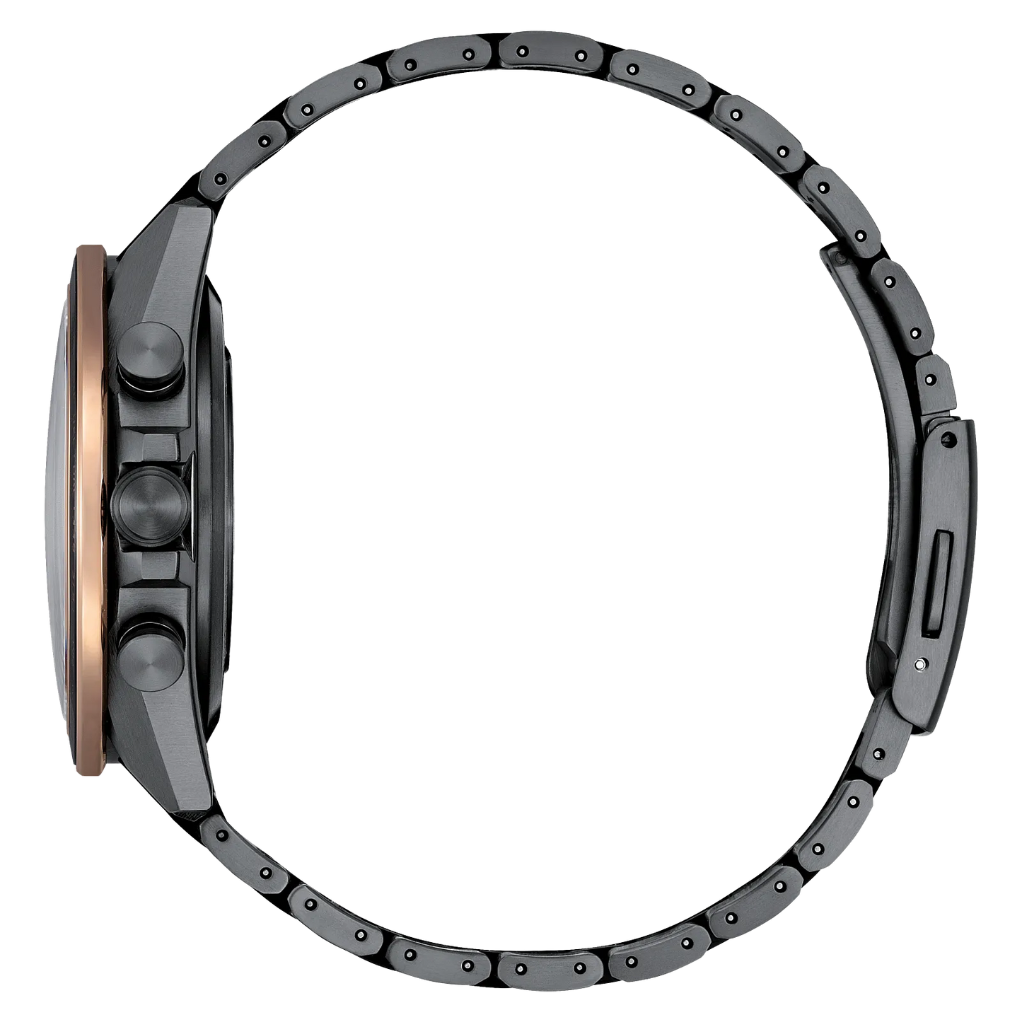 Side view of the Citizen Watch - ATTESA Brown Dial Super Titanium (CC4074-61W) with a black titanium strap, three side buttons, and a rose gold bezel, displayed laid-flat in a circular position.