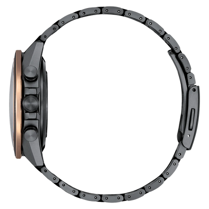 Side view of the Citizen Watch - ATTESA Brown Dial Super Titanium (CC4074-61W) with a black titanium strap, three side buttons, and a rose gold bezel, displayed laid-flat in a circular position.