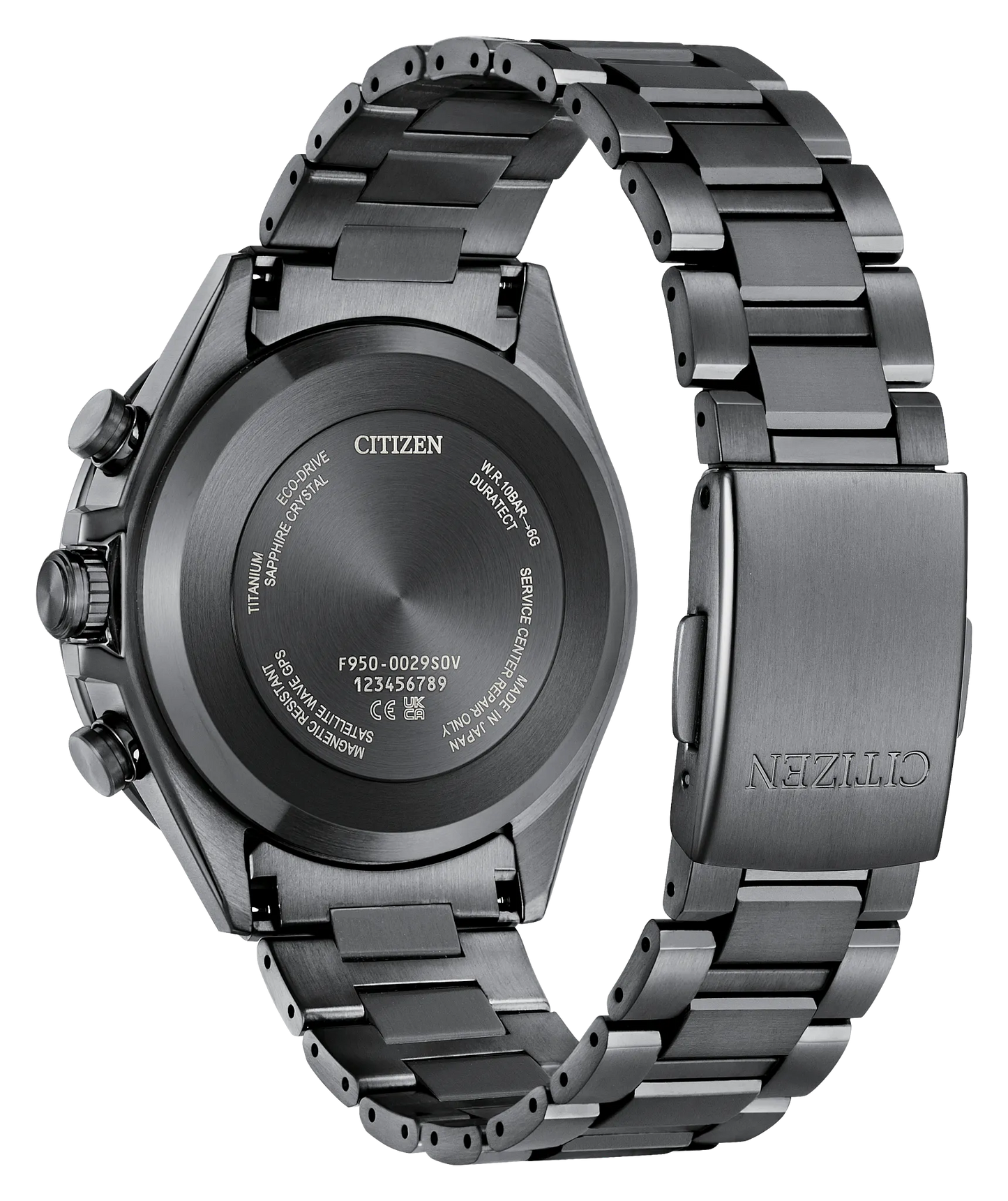 Back view of the Citizen Watch - ATTESA Red Dial Super Titanium (CC4077-71Z) with black metal band, displaying engraved model and serial numbers, service info, and Citizen branding on the case back and clasp.