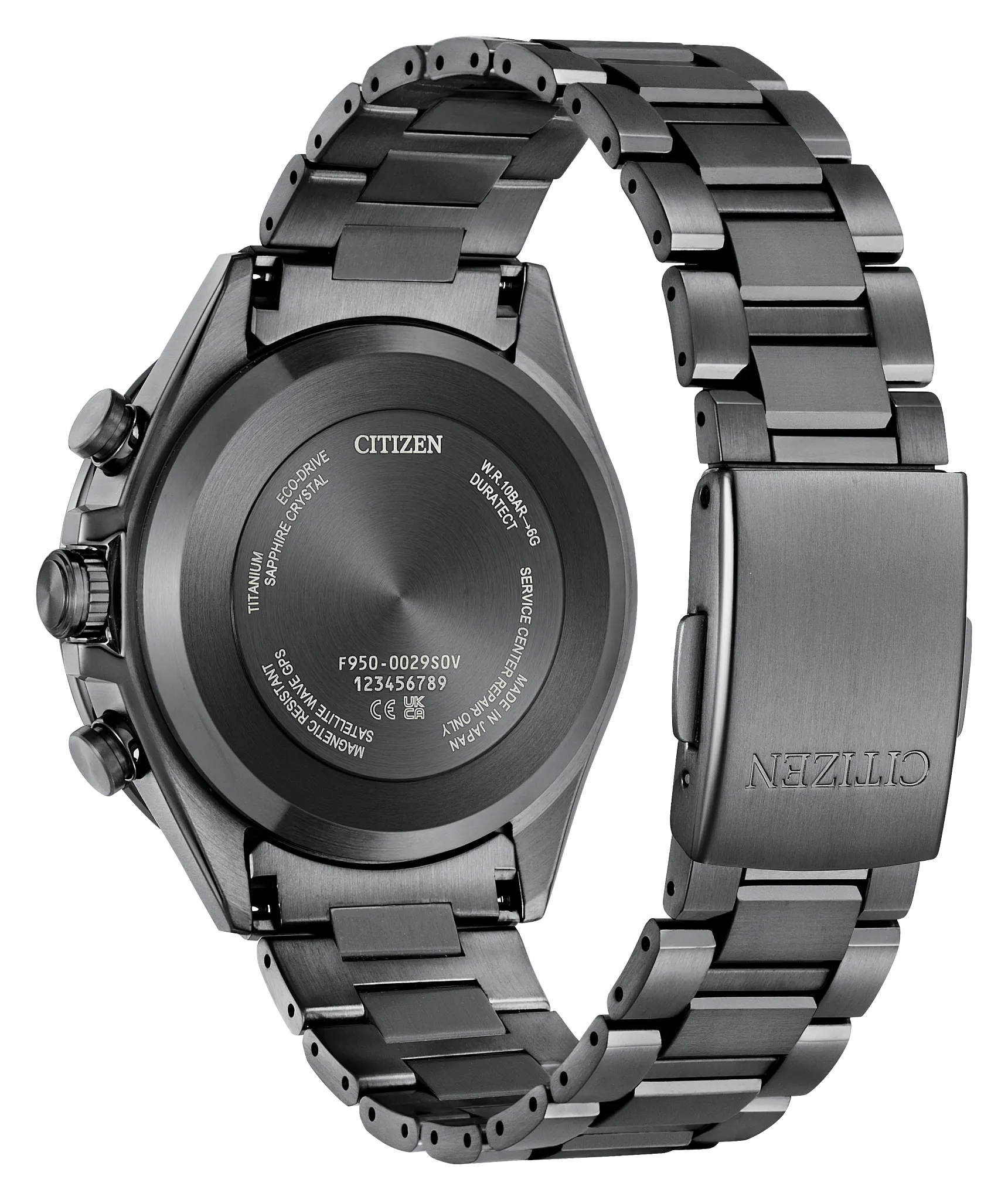 Back view of the Citizen Watch - ATTESA Red Dial Super Titanium (CC4077-71Z) with black metal band, displaying engraved model and serial numbers, service info, and Citizen branding on the case back and clasp.