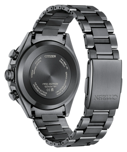 Back view of the Citizen Watch - ATTESA Red Dial Super Titanium (CC4077-71Z) with black metal band, displaying engraved model and serial numbers, service info, and Citizen branding on the case back and clasp.