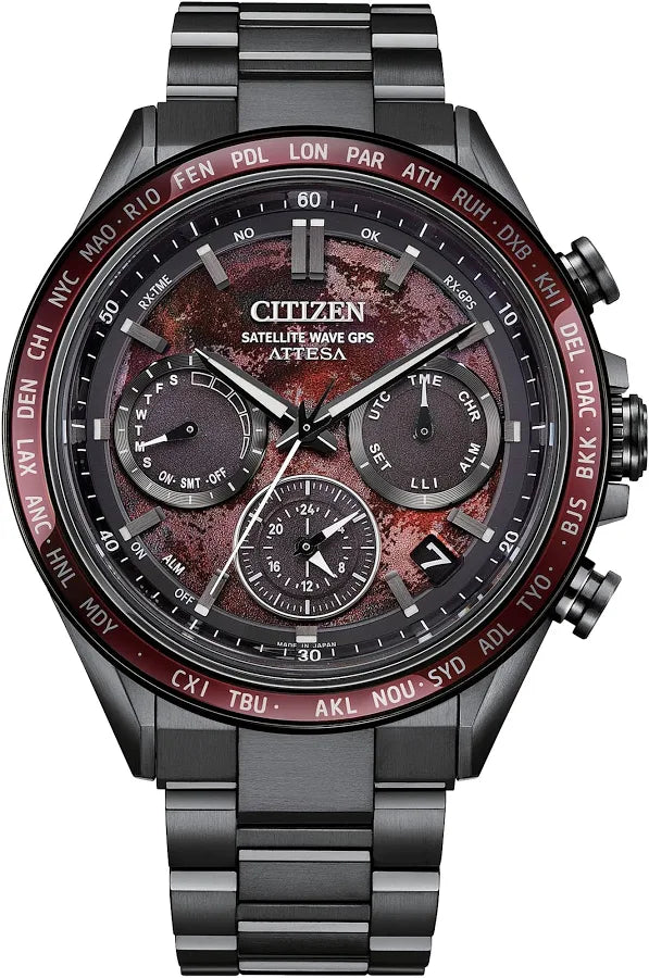 The Citizen ATTESA Red Dial Super Titanium (CC4077-71Z) watch features a metallic bracelet, black and red bezel, maroon textured dial with subdials and right-side pushers, and is powered by Eco-Drive Satellite Wave GPS technology.