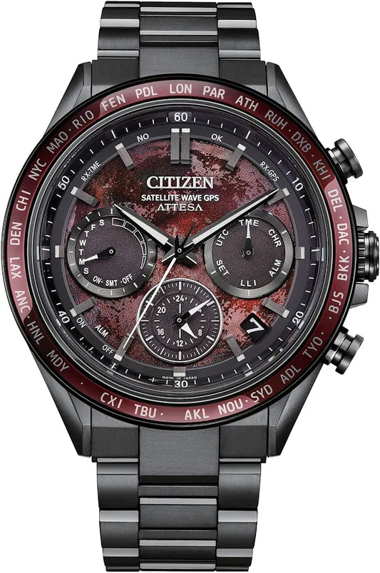 The Citizen ATTESA Red Dial Super Titanium (CC4077-71Z) watch features a metallic bracelet, black and red bezel, maroon textured dial with subdials and right-side pushers, and is powered by Eco-Drive Satellite Wave GPS technology.